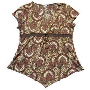 Vintage 90s Paisley V-Neck Tunic Top plus size lace cap sleeve y2k blouse